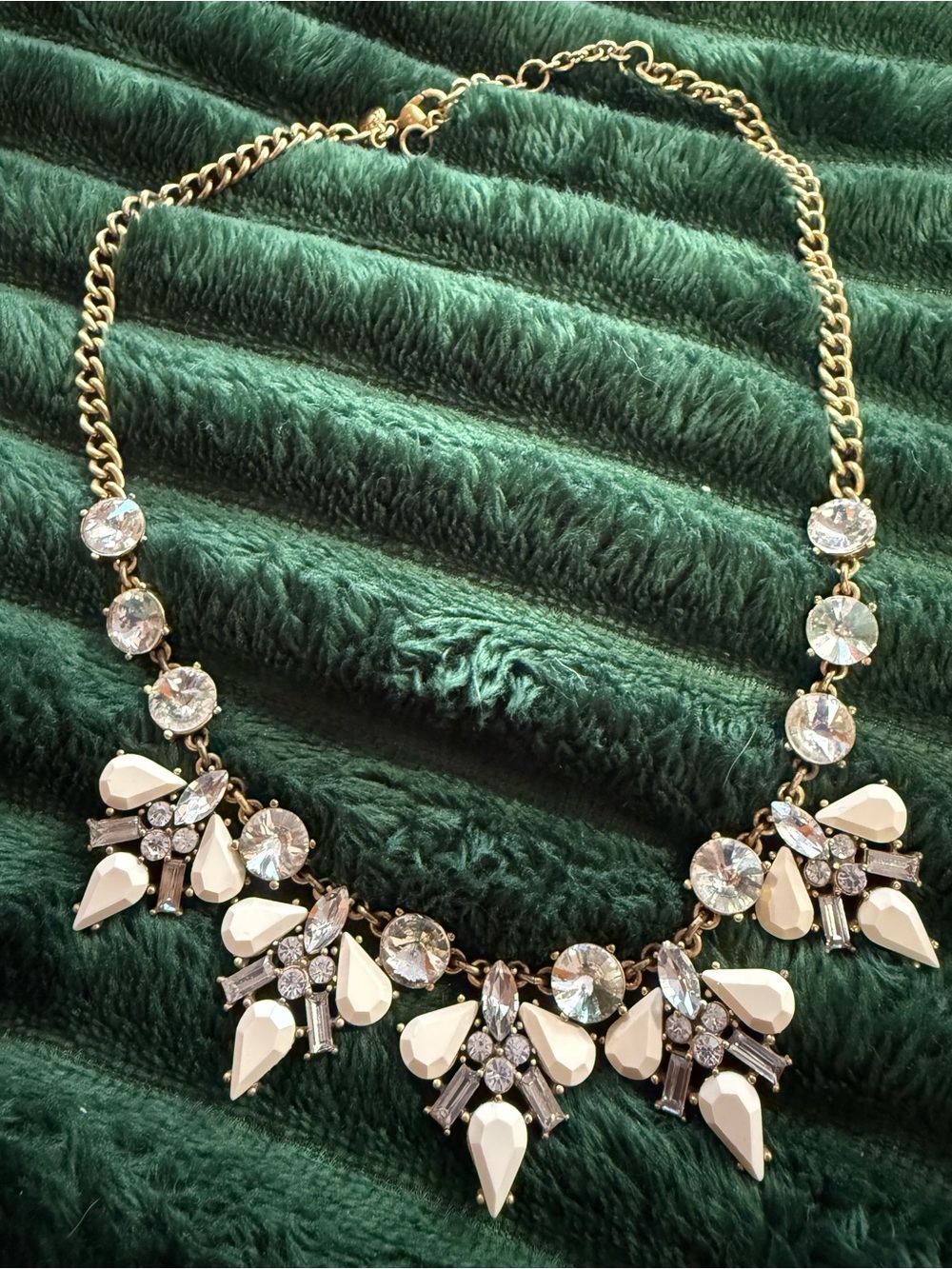 J. Crew Statement Necklace Gold Tone, Rhinestone, and White Tear Drop Gems